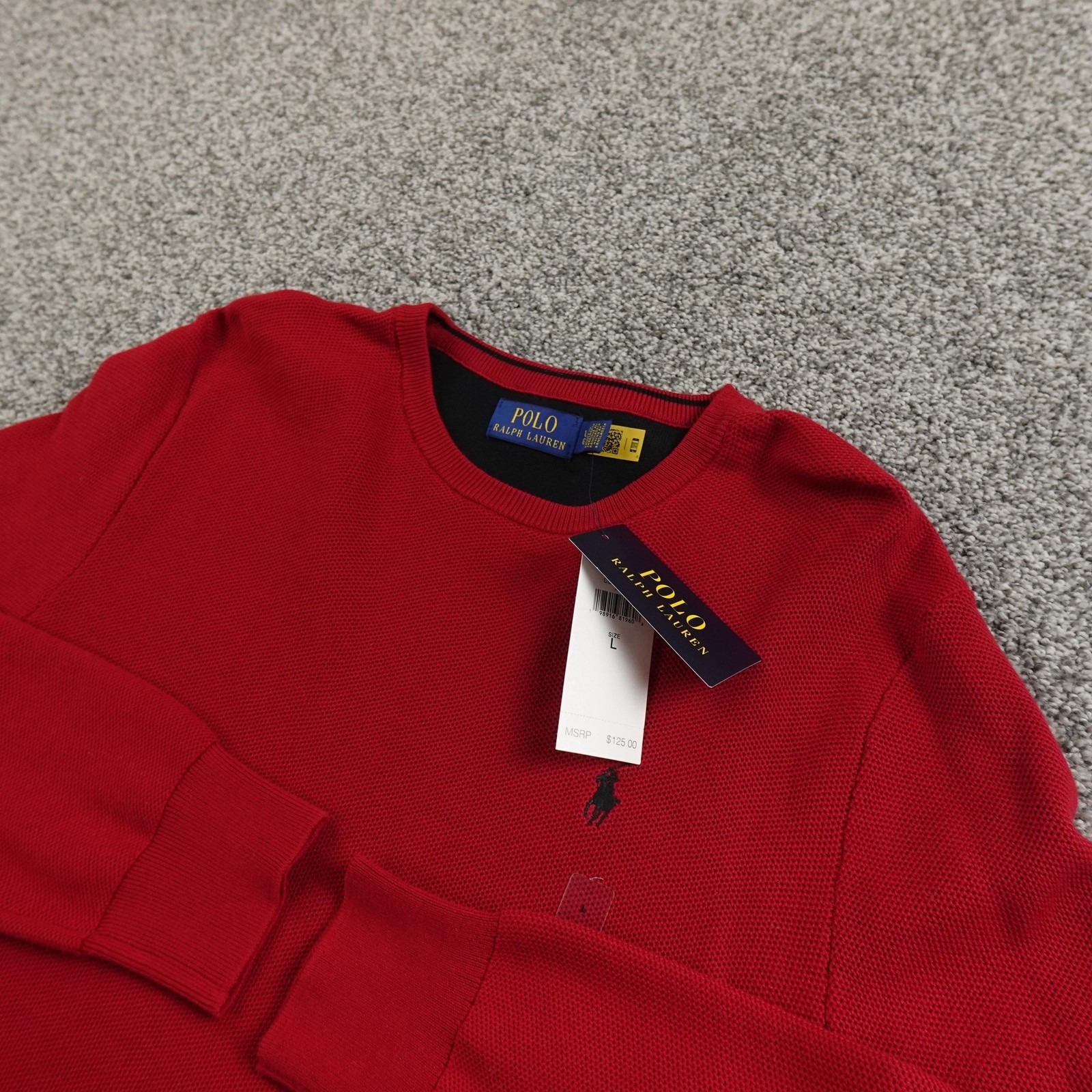 New Polo Ralph Lauren Sweater Mens L Red Waffle Knit Pullover Crewneck Pony Logo